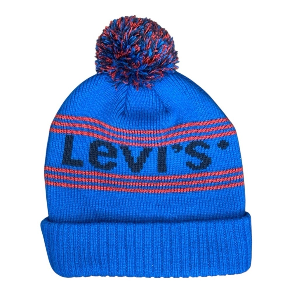 Levi’s Knit Stacks Spellout Logo Pom Beanie Winter Hat Blue